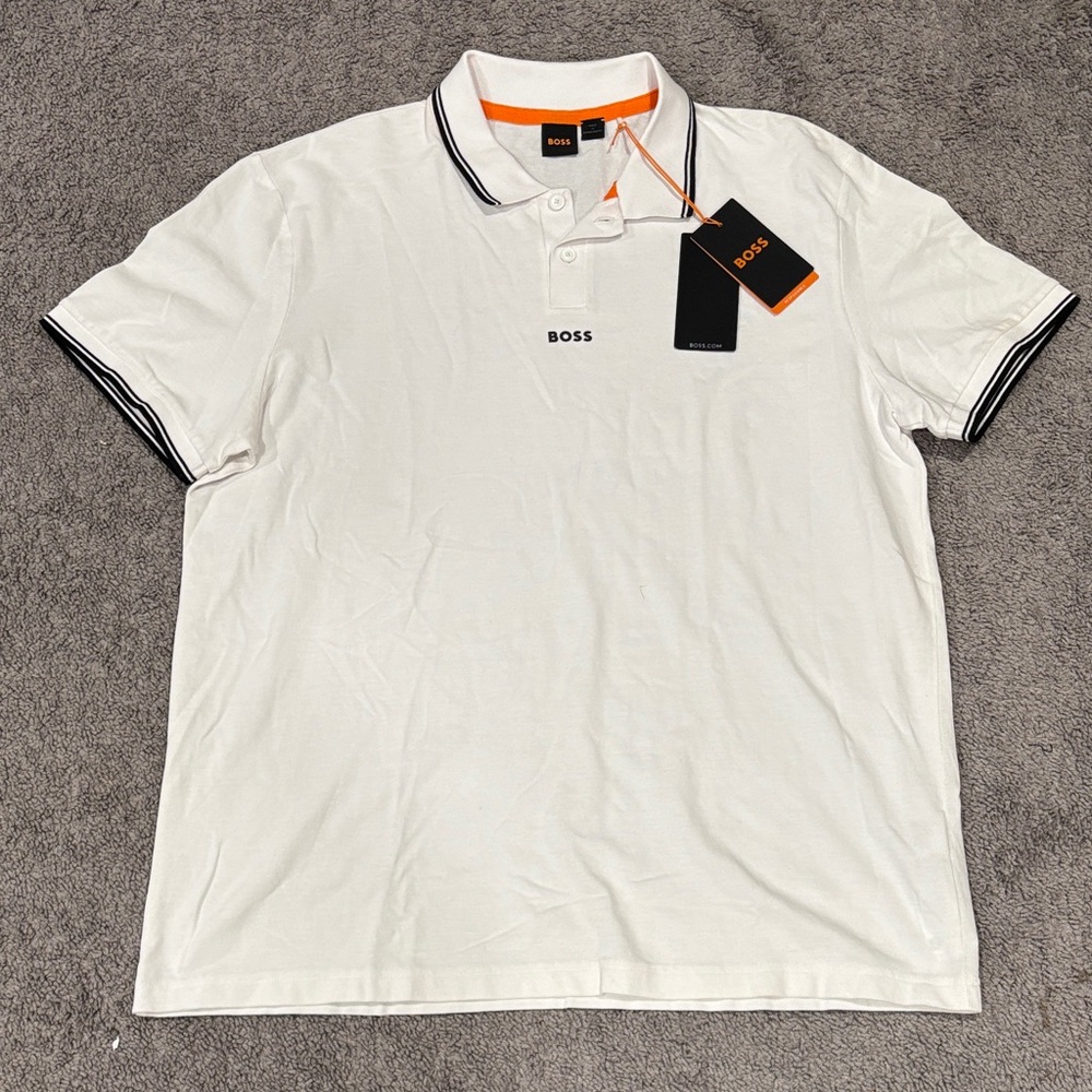 BOSS Men's Polo Shirt in White with Black and Orange Accents